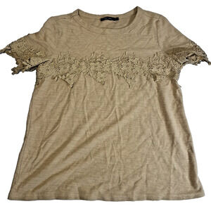 Doe & Rae Women Lace Trim Short Sleeve Blouse Tan Beige Size M
